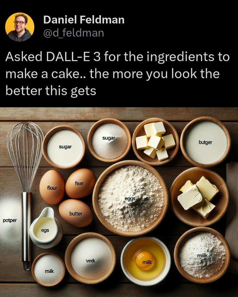 This meme is a humorous take on the popular AI chatbot DALL-E. The image shows a still life of various baking ingredients, but with their names replaced with absurd and humorous alternatives. The text above the image reads, "Asked DALL-E 3 for the ingredients to make a cake... the more you look the better this gets."